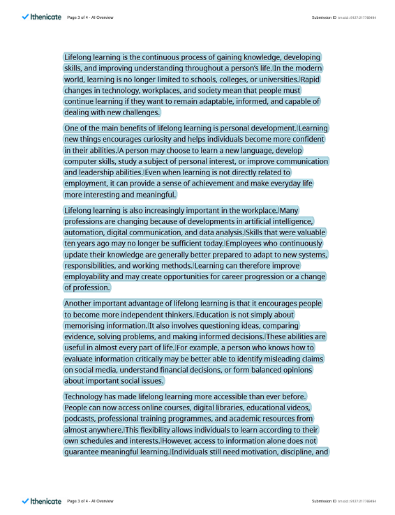 Example Turnitin AI report with highlighted text showing content identified as potentially AI generated